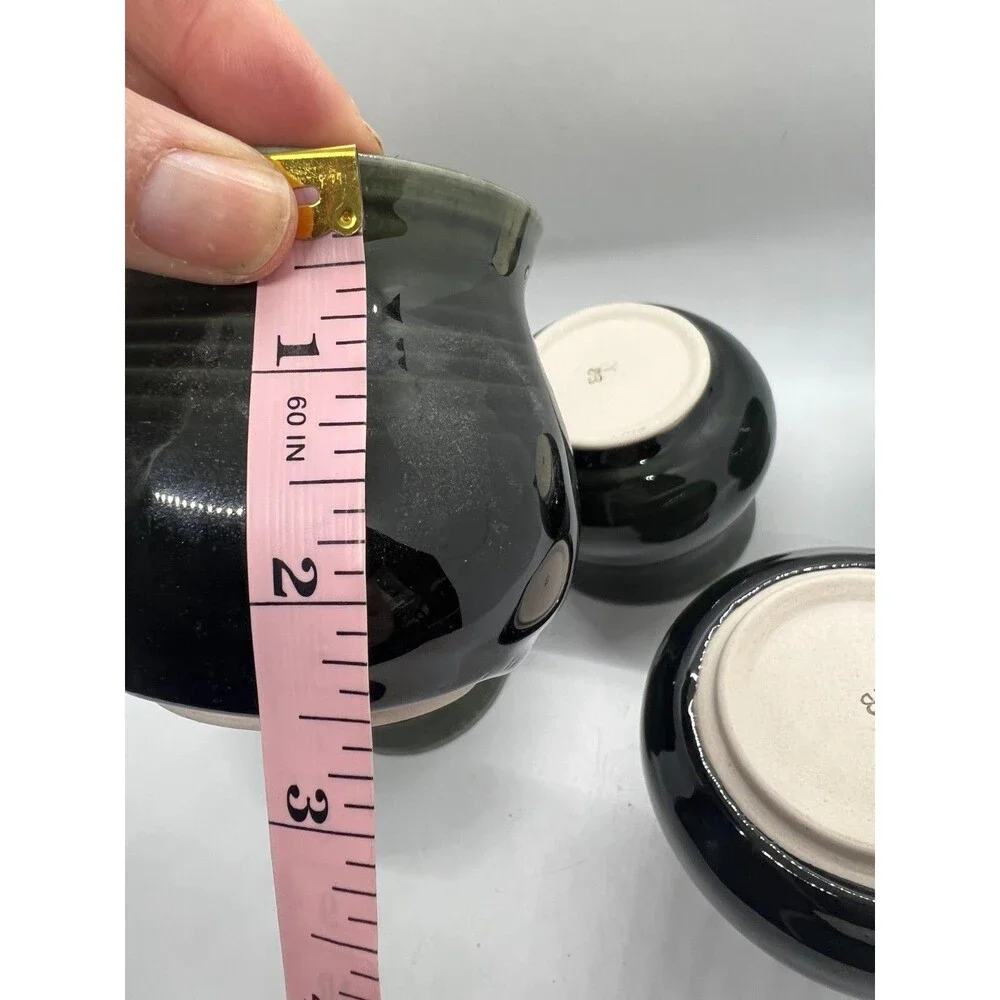 6 Art Pottery Glazed Stoneware Small Drinking Cups Set BB signed green whiskey